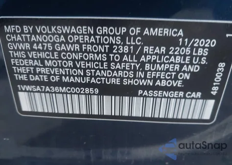 2021 Volkswagen Passat 2.0T Se z USA, uszkodzony, nr VIN 1VWSA7A36MC002859